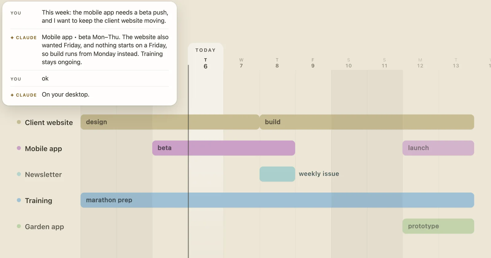 A short conversation with Claude above the Daydeck timeline: the user describes the week, Claude proposes the blocks and moves one off a Friday